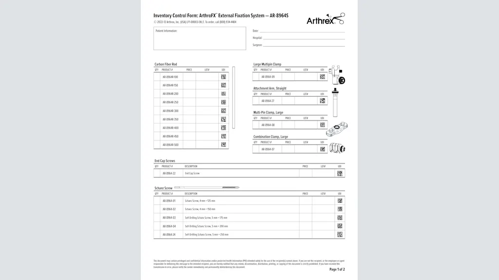 Inventory Control Form: ArthroFX™ External Fixation System — AR-8964S