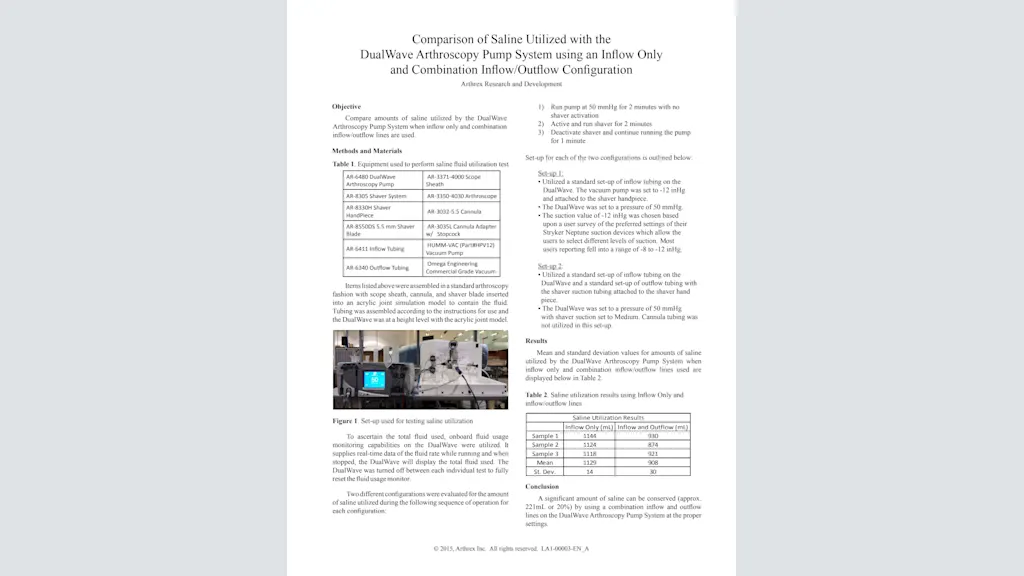 Comparison of Saline Utilized with the DualWave Arthroscopy Pump System using an Inflow Only and Combination Inflow/Outflow Configuration