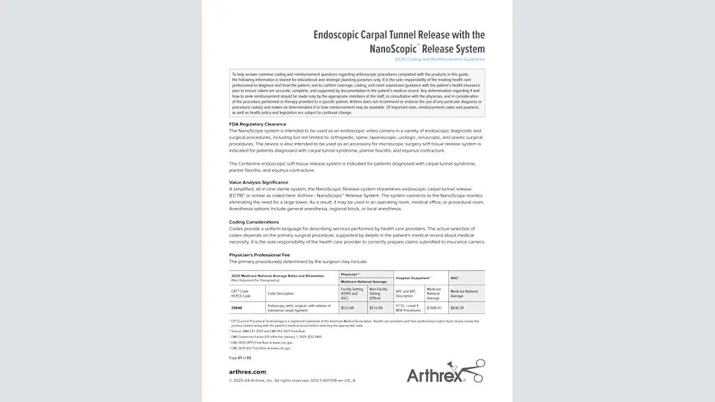 Endoscopic Carpal Tunnel Release with the NanoScopic™ Release System - 2025 Coding and Reimbursement Guidelines