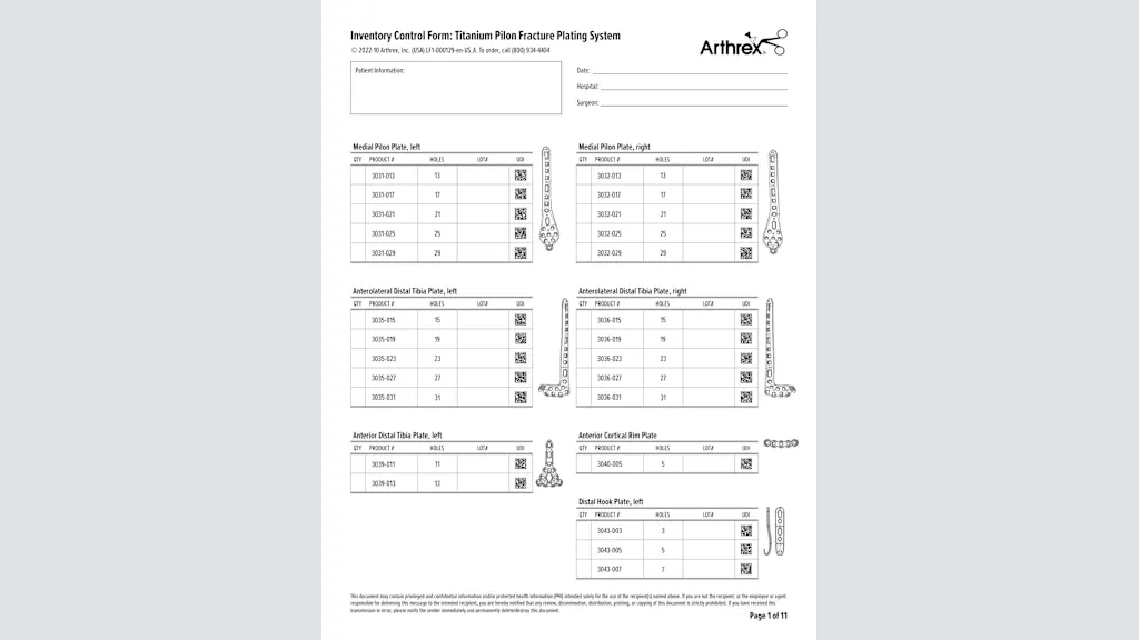 Inventory Control Form: Titanium Pilon Fracture Plating System