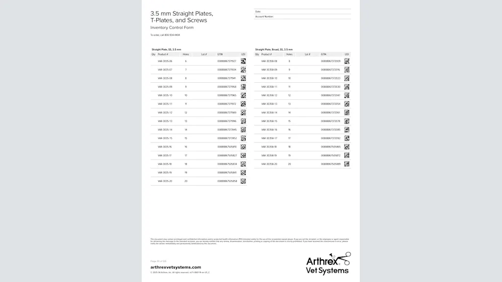 Inventory Control Form: 3.5 mm Straight Plates, T-Plates, and Screws