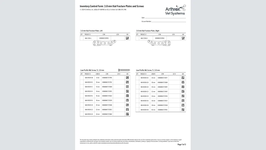 Inventory Control Form: 3.0 mm Ilial Fracture Plates and Screws