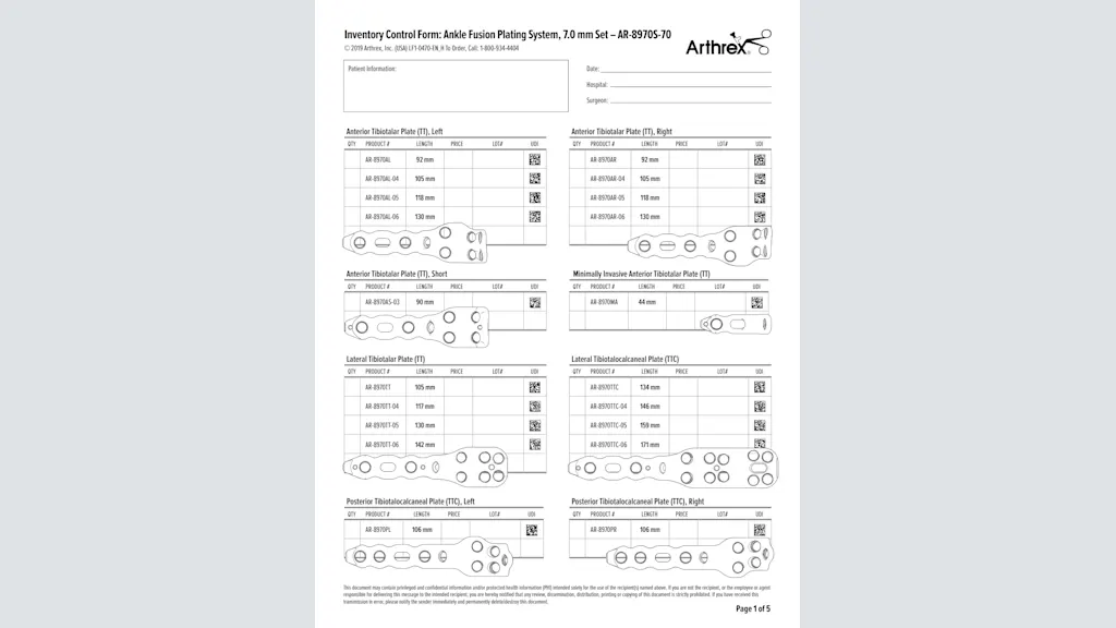 Inventory Control Form: Ankle Fusion Plating System, 7.0 mm Set - AR-8970S-70