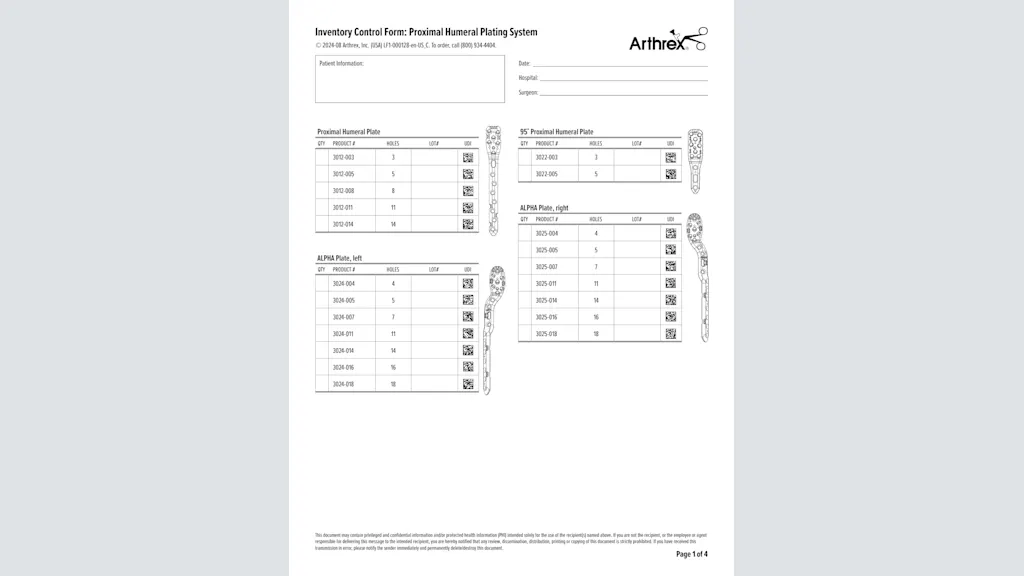Inventory Control Form: Proximal Humeral Plating System