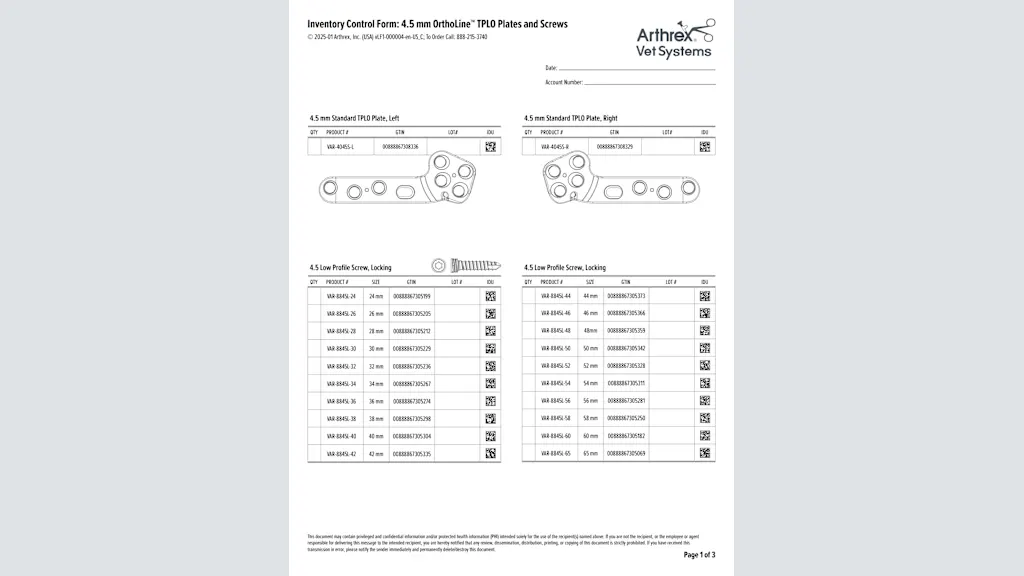 Inventory Control Form: 4.5 mm OrthoLine™ TPLO Plates and Screws