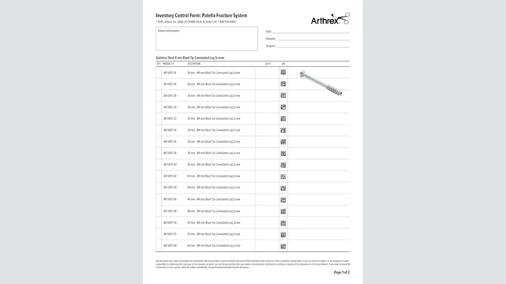 Inventory Control Form: Patella Fracture System