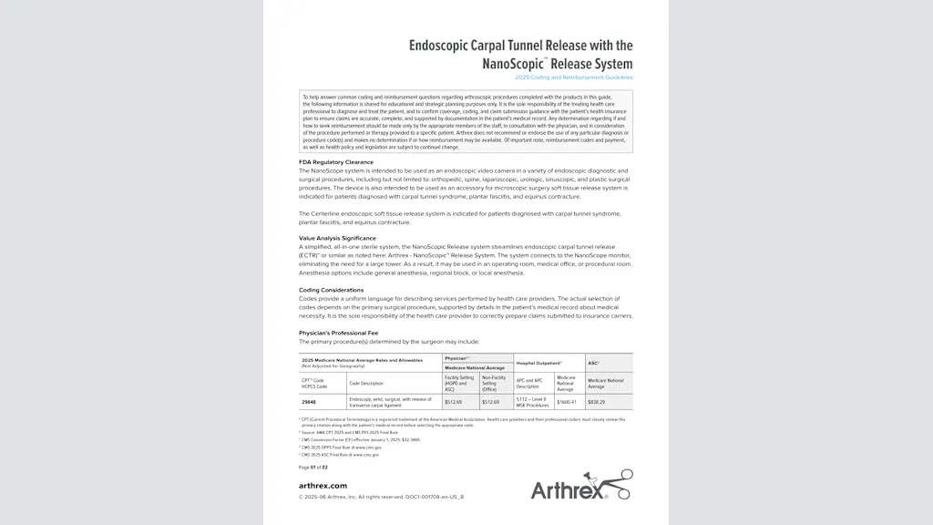 Endoscopic Carpal Tunnel Release with the NanoScopic™ Release System - 2025 Coding and Reimbursement Guidelines