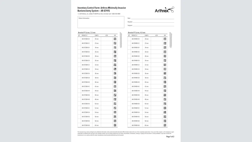 Inventory Control Form: Arthrex Minimally Invasive Bunionectomy System – AR-8741S