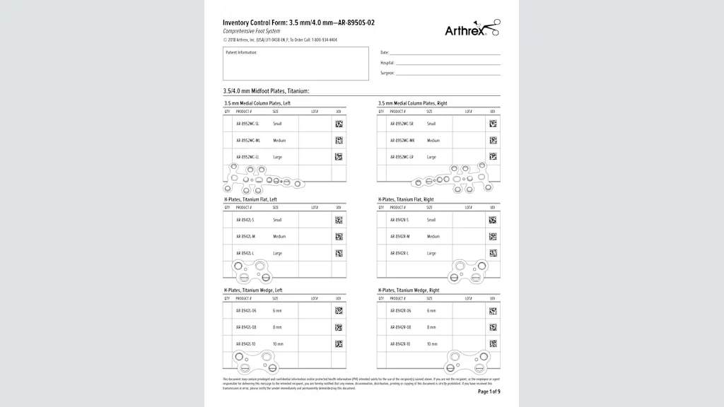 Inventory Control Form: 3.5/4.0 mm—Set AR-8950S-02 - Comprehensive Foot System