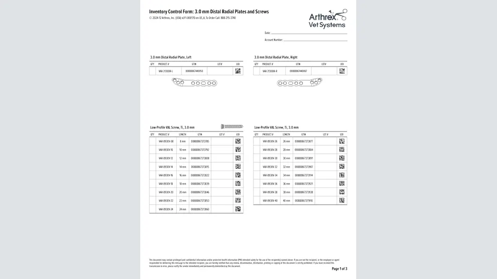 Inventory Control Form: 3.0 mm Distal Radial Plates and Screws