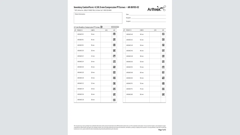 Inventory Control Form: 4.3/6.5 mm Compression PT Screws - AR-8610S-02