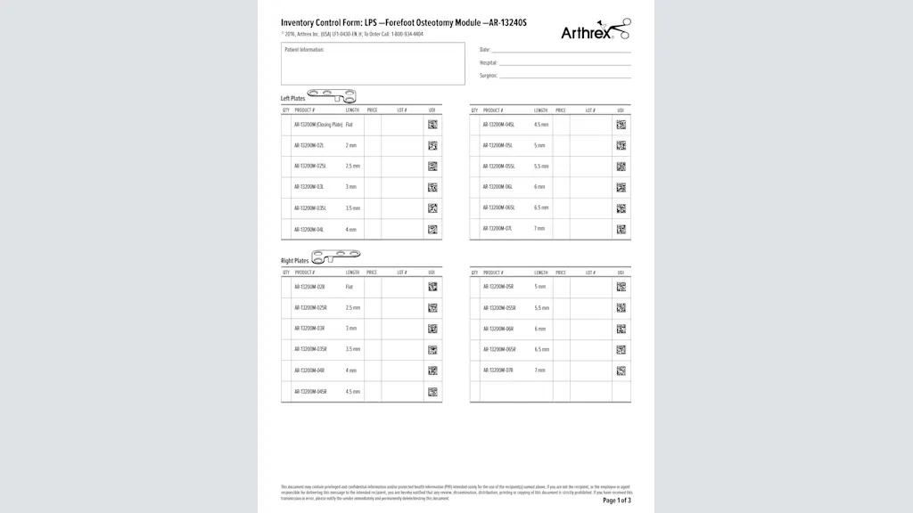 Inventory Control Form: LPS — Forefoot Osteotomy Module - AR-13240S