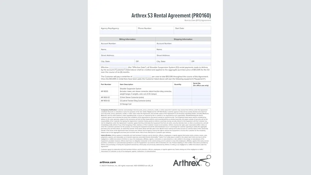 Arthrex S3 Rental Agreement (PRO160)