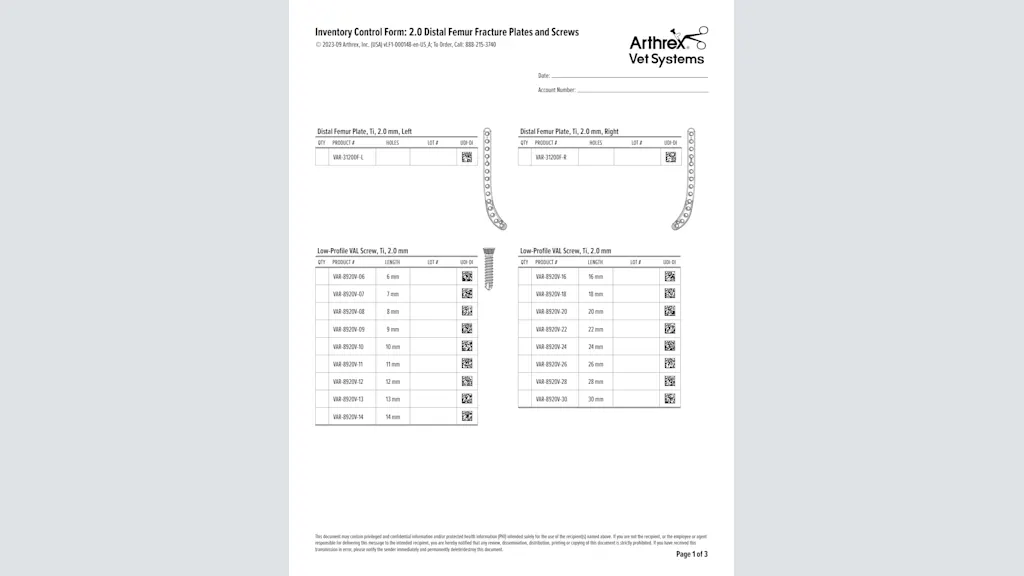 Inventory Control Form: 2.0 Distal Femur Fracture Plates and Screws