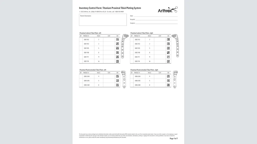 Inventory Control Form: Titanium Proximal Tibial Plating System