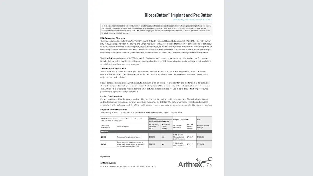BicepsButton™ Implant and Pec Button 2025 Coding and Reimbursement Guidelines
