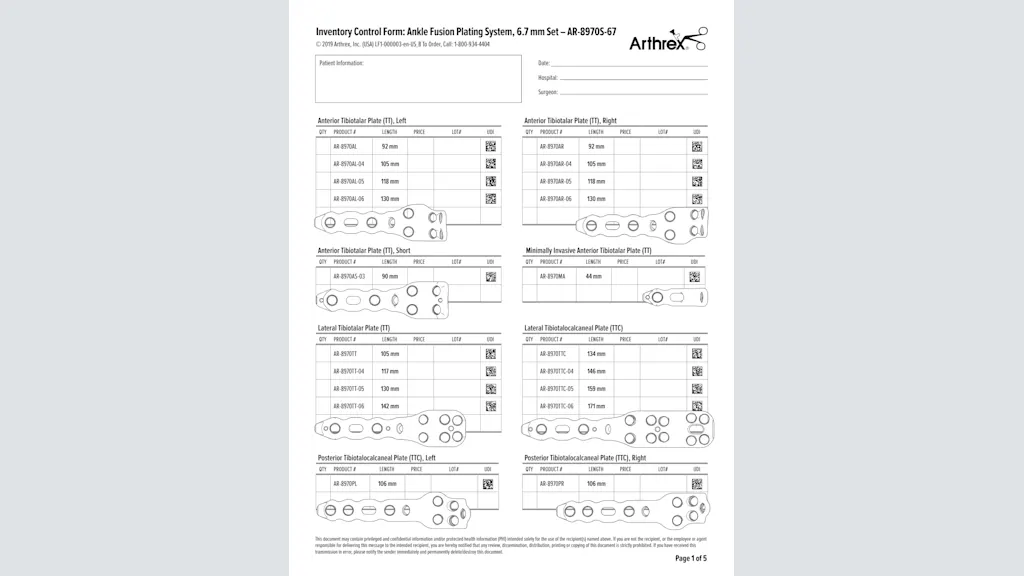 Inventory Control Form: Ankle Fusion Plating System, 6.7 mm Set – AR-8970S-67