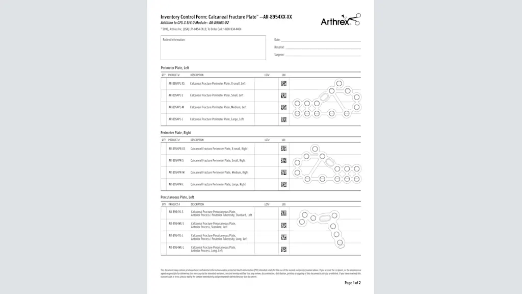 Inventory Control Form: Calcaneal Fracture Plate™ - AR-8954XX-XX