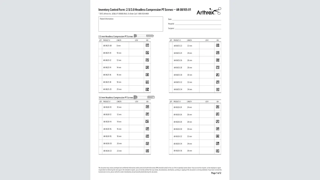 Inventory Control Form: 2.5/3.0 Headless Compression PT Screws - AR-8610S-01