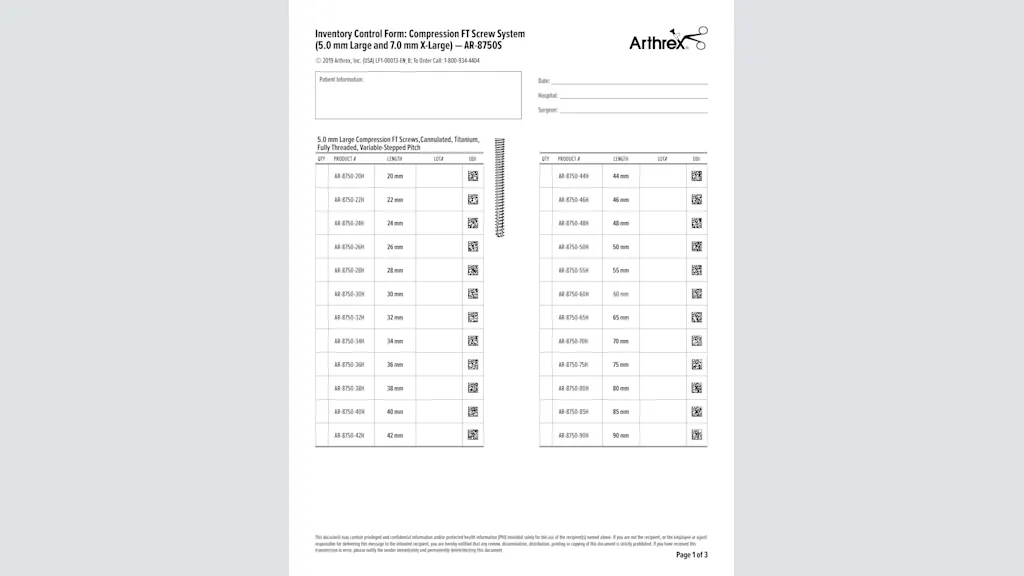 Inventory Control Form: Compression FT Screw System (5.0 mm Large and 7.0 mm x-Large) - AR-8750S