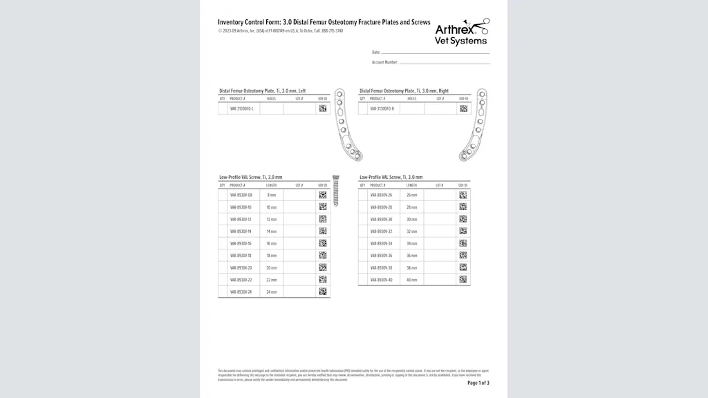 Inventory Control Form: 3.0 Distal Femur Osteotomy Fracture Plates and Screws