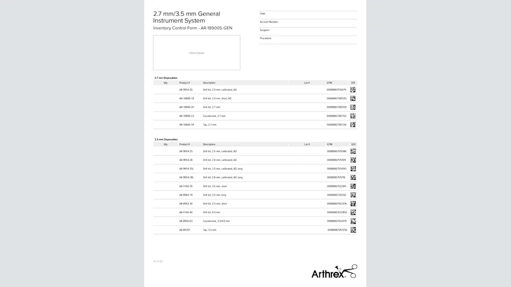 2.7 mm/3.5 mm General Instrument System Inventory Control Form - AR-18900S-GEN