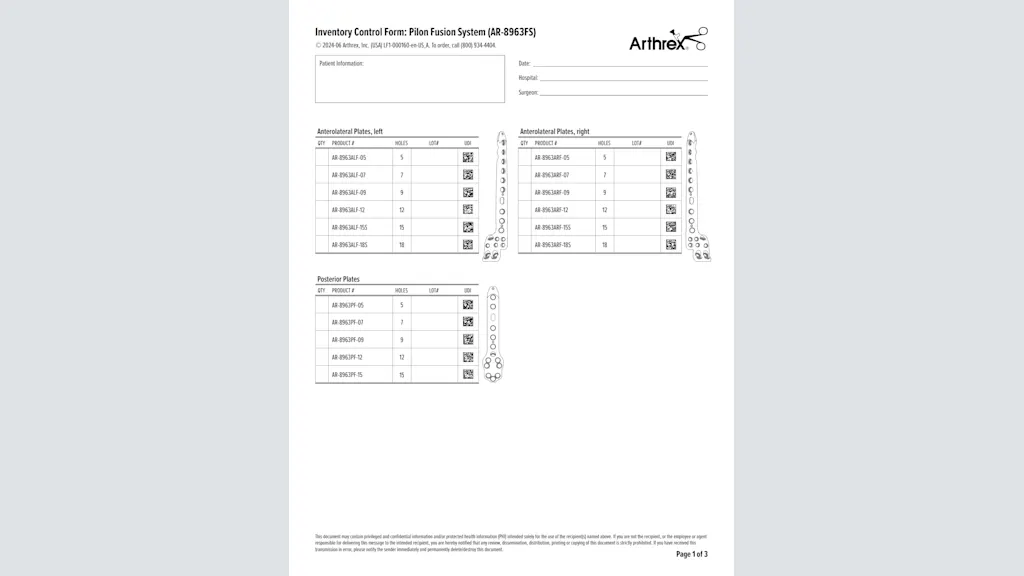 Inventory Control Form: Pilon Fusion System (AR-8963FS)