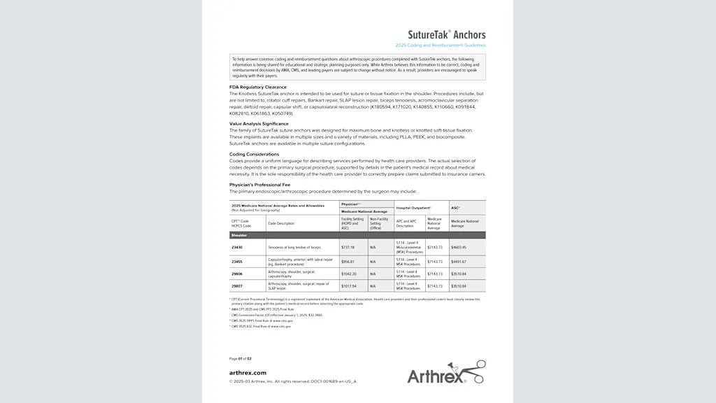 SutureTak® Anchors 2025 Coding and Reimbursement Guidelines