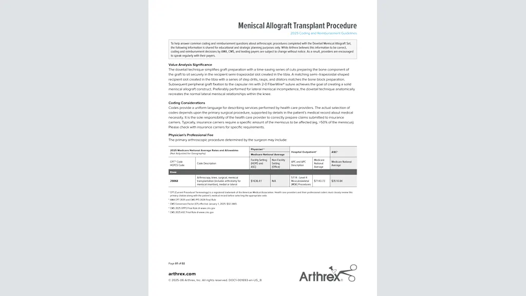 Meniscal Allograft Transplant Procedure 2025 Coding and Reimbursement Guidelines