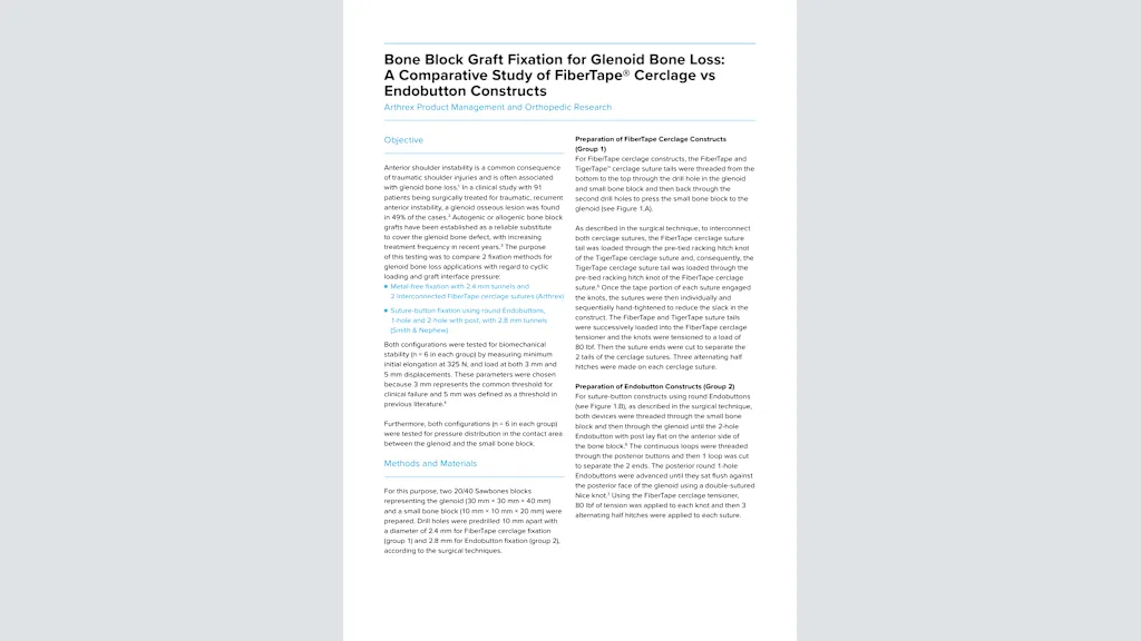 Bone Block Graft Fixation for Glenoid Bone Loss: A Comparative Study of FiberTape® Cerclage vs Endobutton Constructs