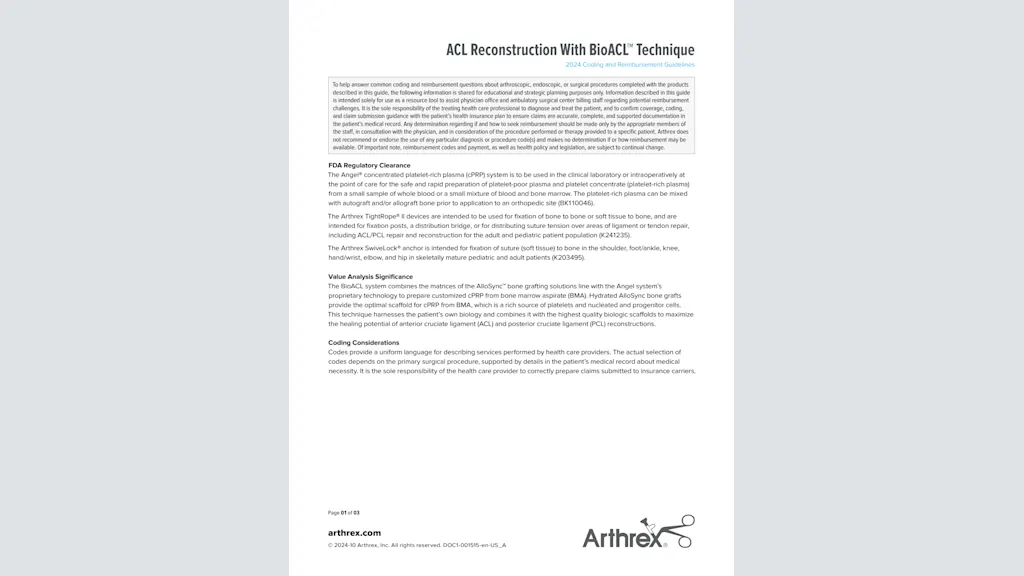 ACL Reconstruction With BioACL™ Technique - 2024 Coding and Reimbursement Guidelines