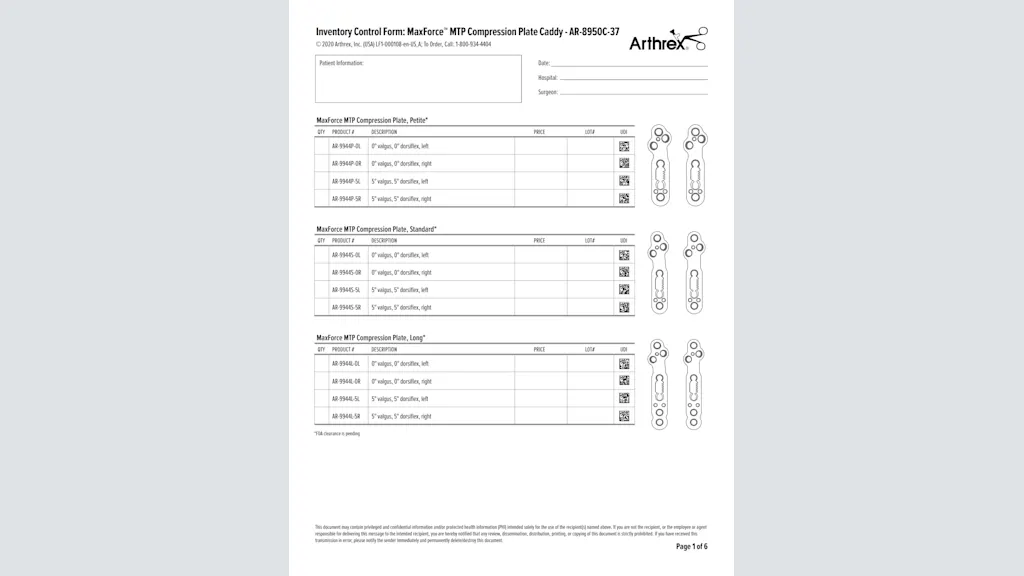 Inventory Control Form: MaxForce™ MTP Compression Plate Caddy - AR-8950C-37