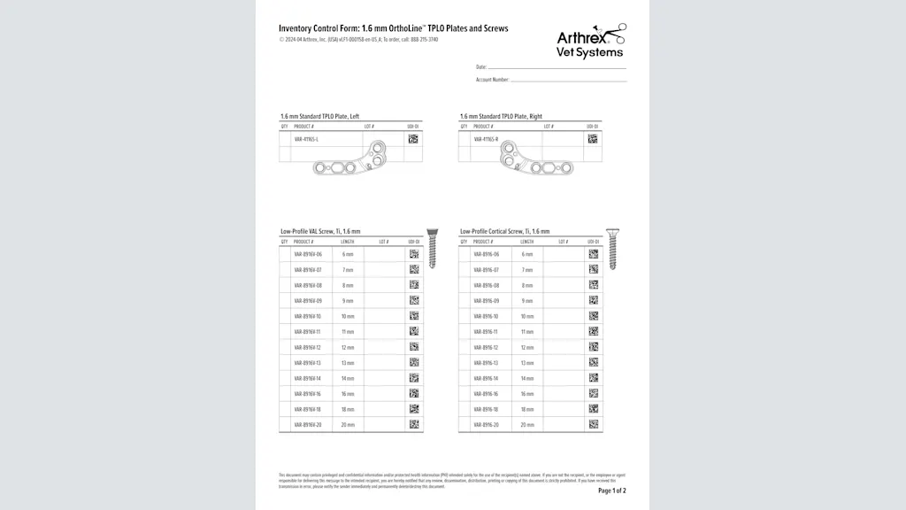 Inventory Control Form: 1.6 mm OrthoLine™ TPLO Plates and Screws