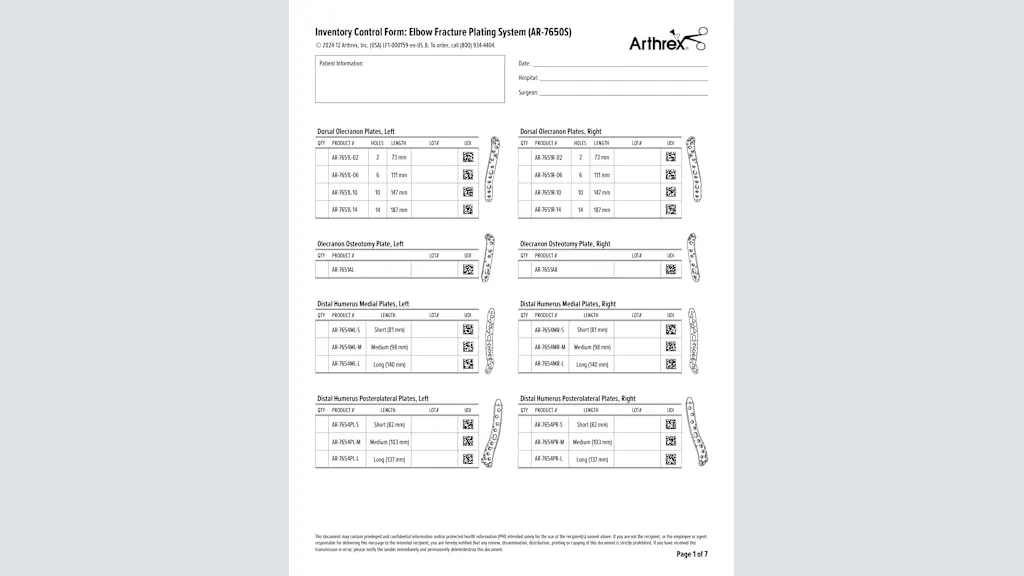 Inventory Control Form: Elbow Fracture Plating System (AR-7650S)