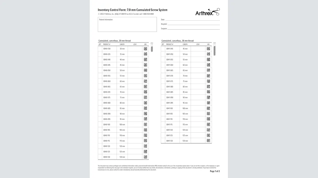 Inventory Control Form: 7.0 mm Cannulated Screw System