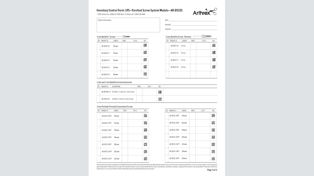 Inventory Control Form: LPS - Forefoot Screw System Module - AR-8932S