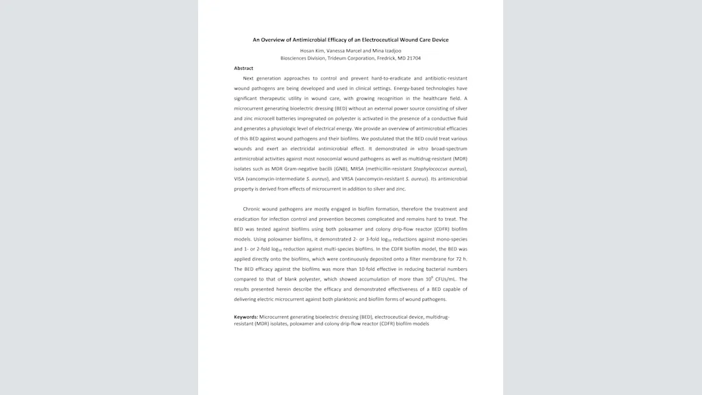 An Overview of Antimicrobial Efficacy of an Electroceutical Wound Care Device