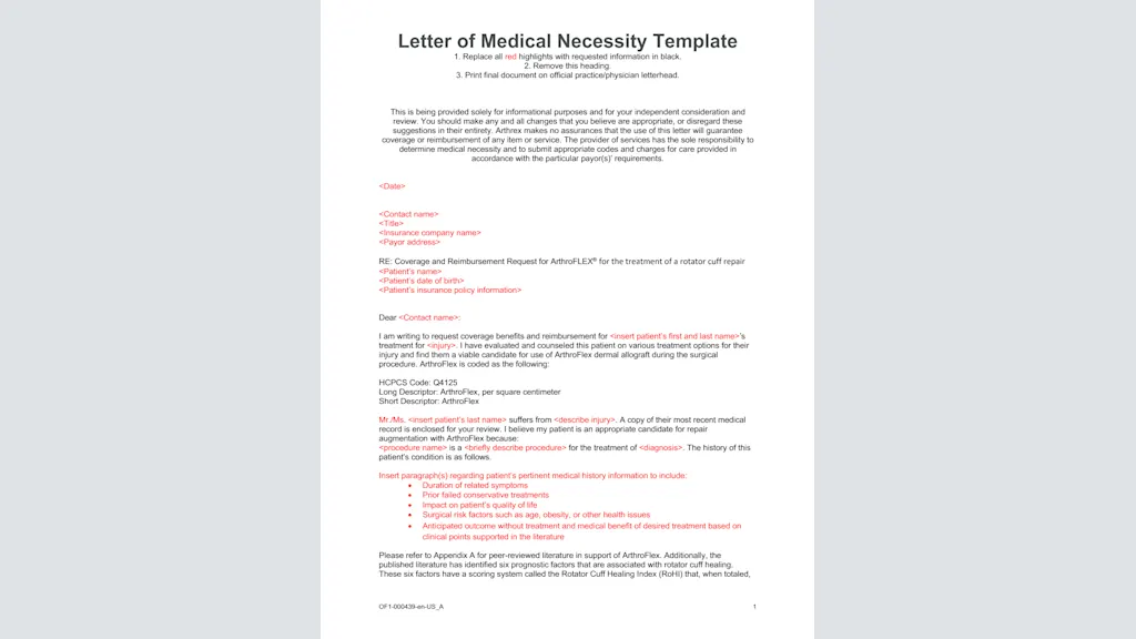 Rotator Cuff Repair with ArthroFlex Letter of Medical Necessity Template