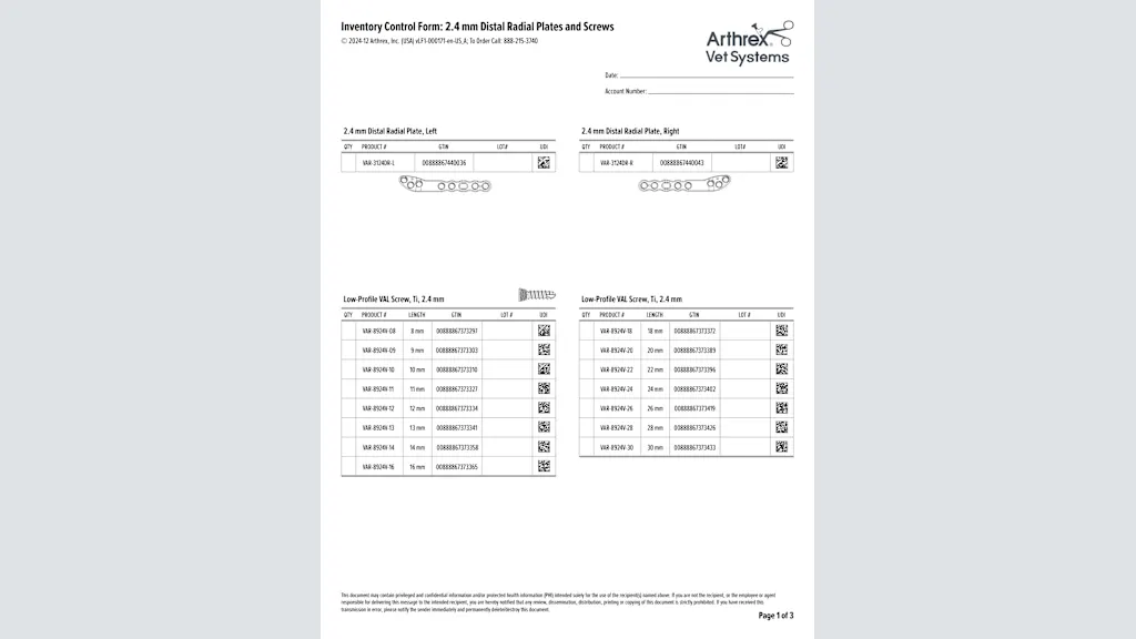Inventory Control Form: 2.4 mm Distal Radial Plates and Screws