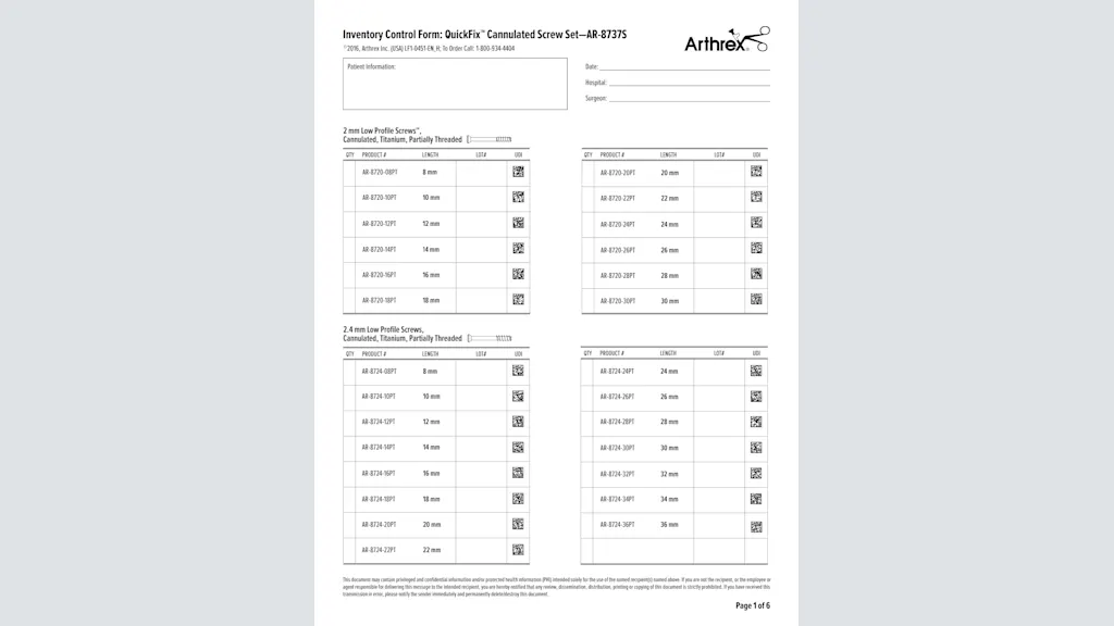 Inventory Control Form: QuickFix™ Cannulated Screw Set - AR-8737S