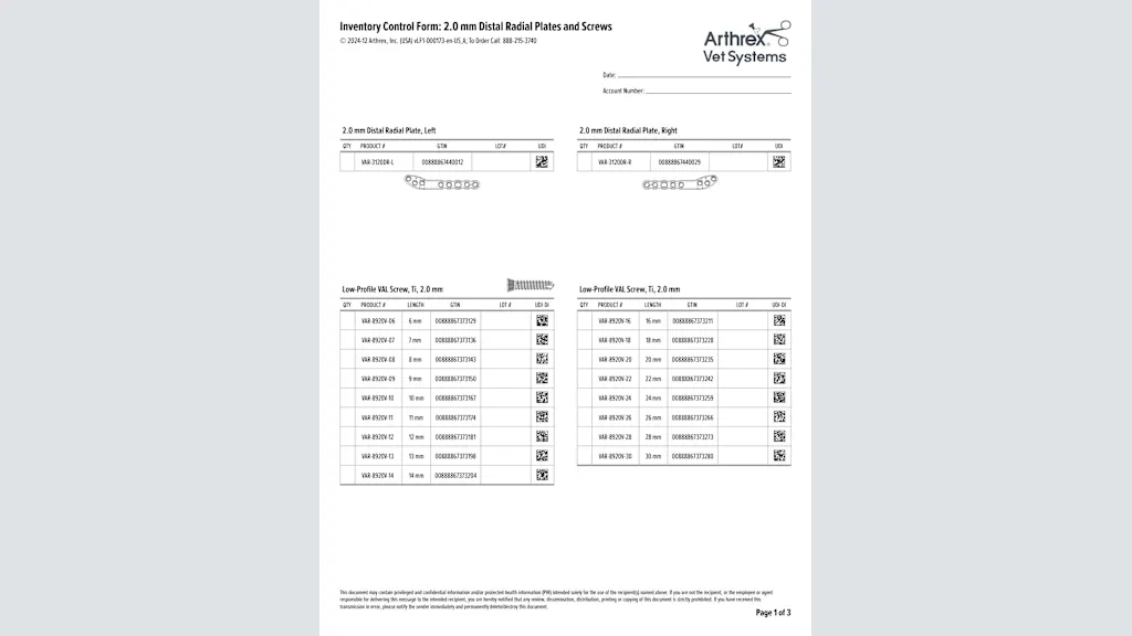 Inventory Control Form: 2.0 mm Distal Radial Plates and Screws