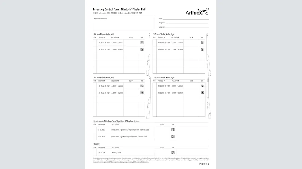 Inventory Control Form: FibuLock® Fibular Nail