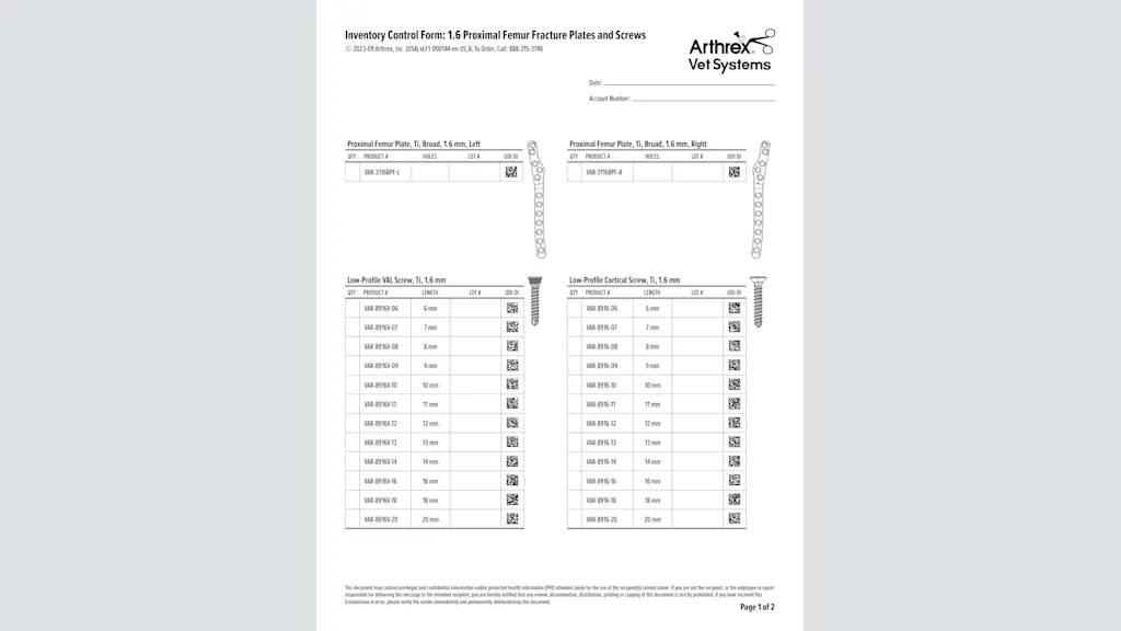 Inventory Control Form: 1.6 Proximal Femur Fracture Plates and Screws
