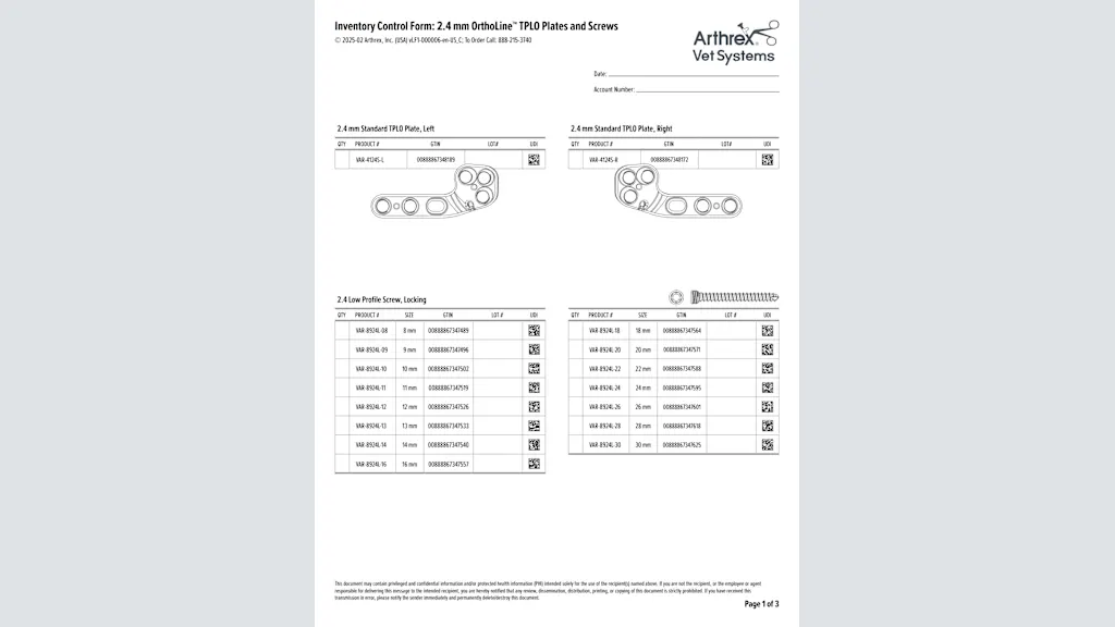 Inventory Control Form: 2.4 TPLO Plates and Screws