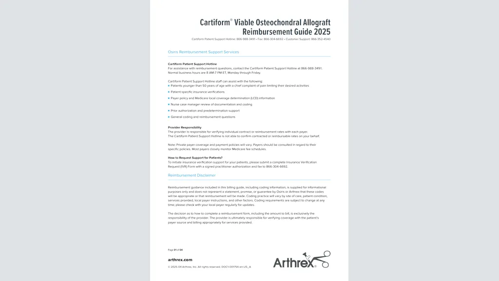 Cartiform® Viable Osteochondral Allograft Reimbursement Guide 2025