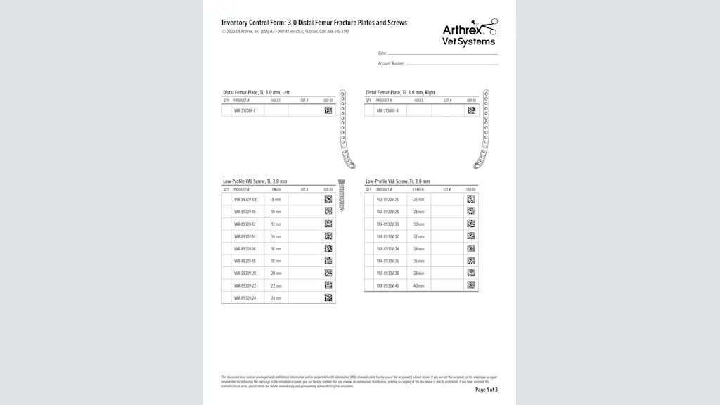 Inventory Control Form: 3.0 Distal Femur Fracture Plates and Screws