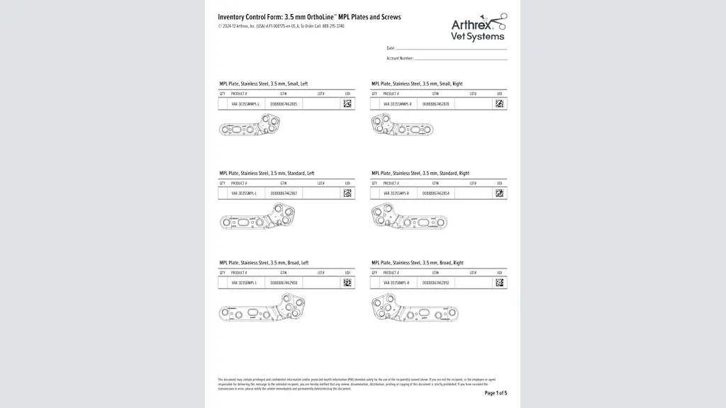 Inventory Control Form: 3.5 mm OrthoLine™ MPL Plates and Screws
