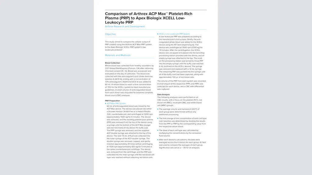 Comparison of Arthrex ACP Max™ Platelet-Rich Plasma (PRP) to Apex Biologix XCELL Low-Leukocyte PRP