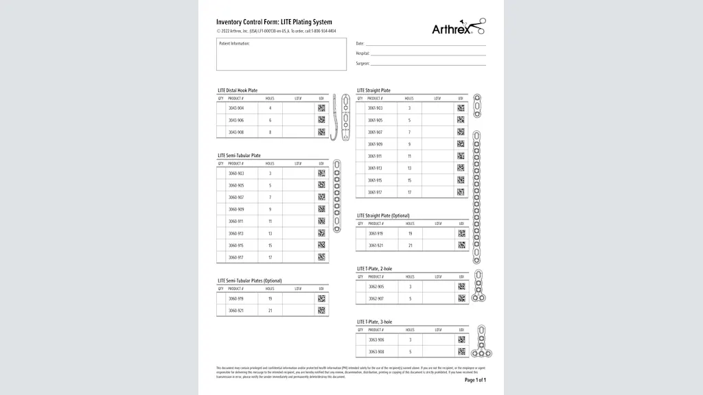 Inventory Control Form: LITE Plating System
