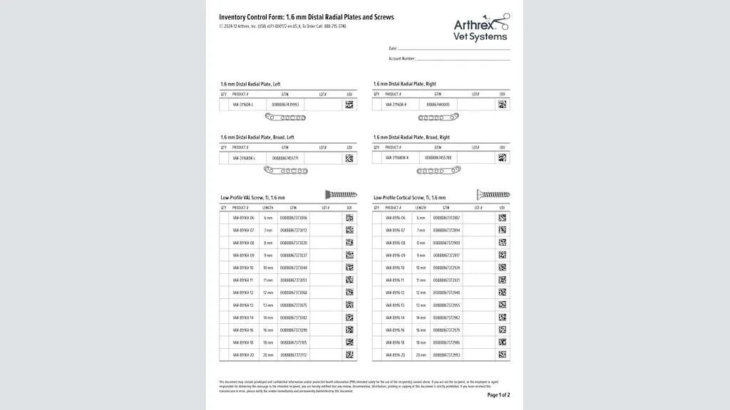 Inventory Control Form: 1.6 mm Distal Radial Plates and Screws